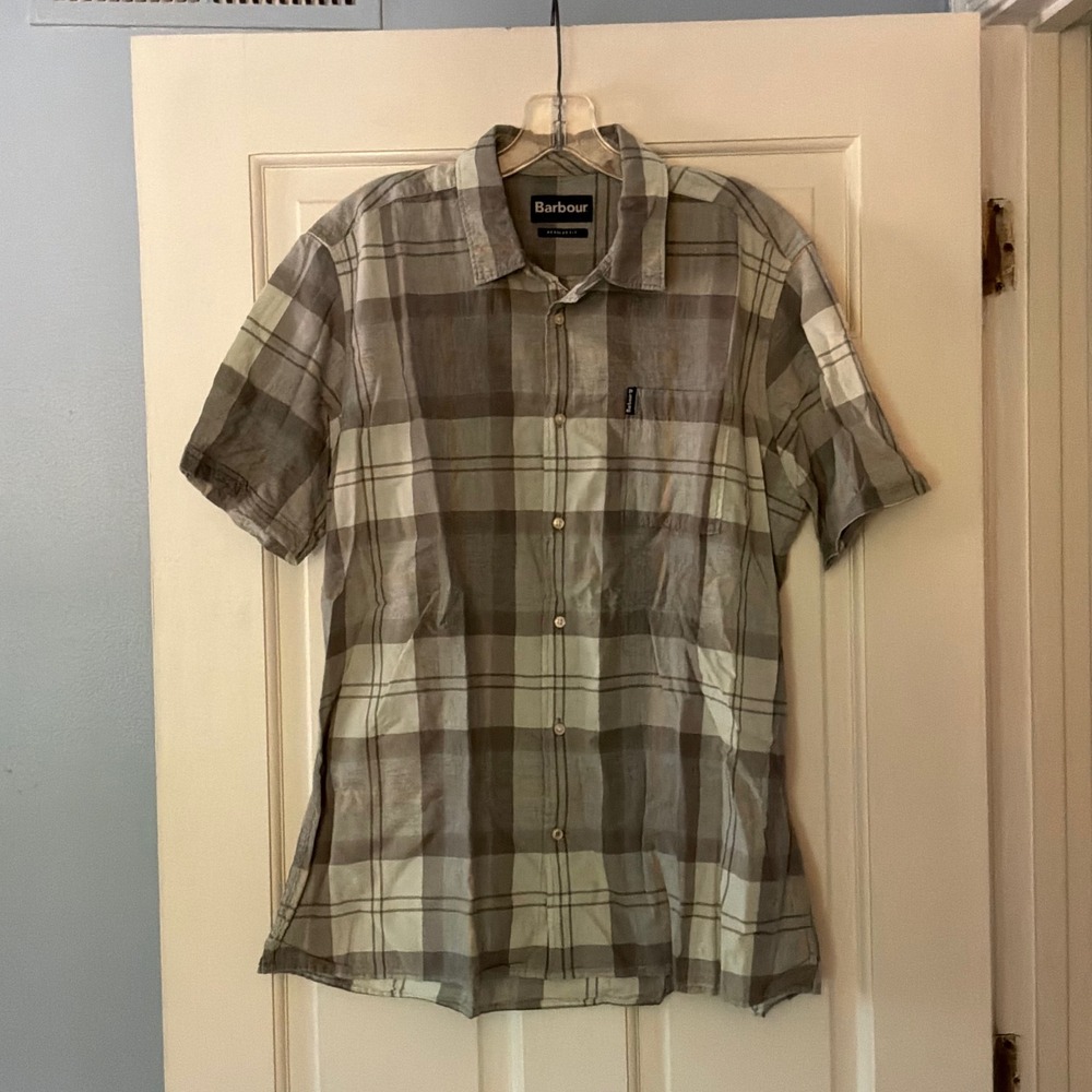 Barbour Mens Plaid Short Sleeve Button Down Shirt Medium Gray Preppy Heritage